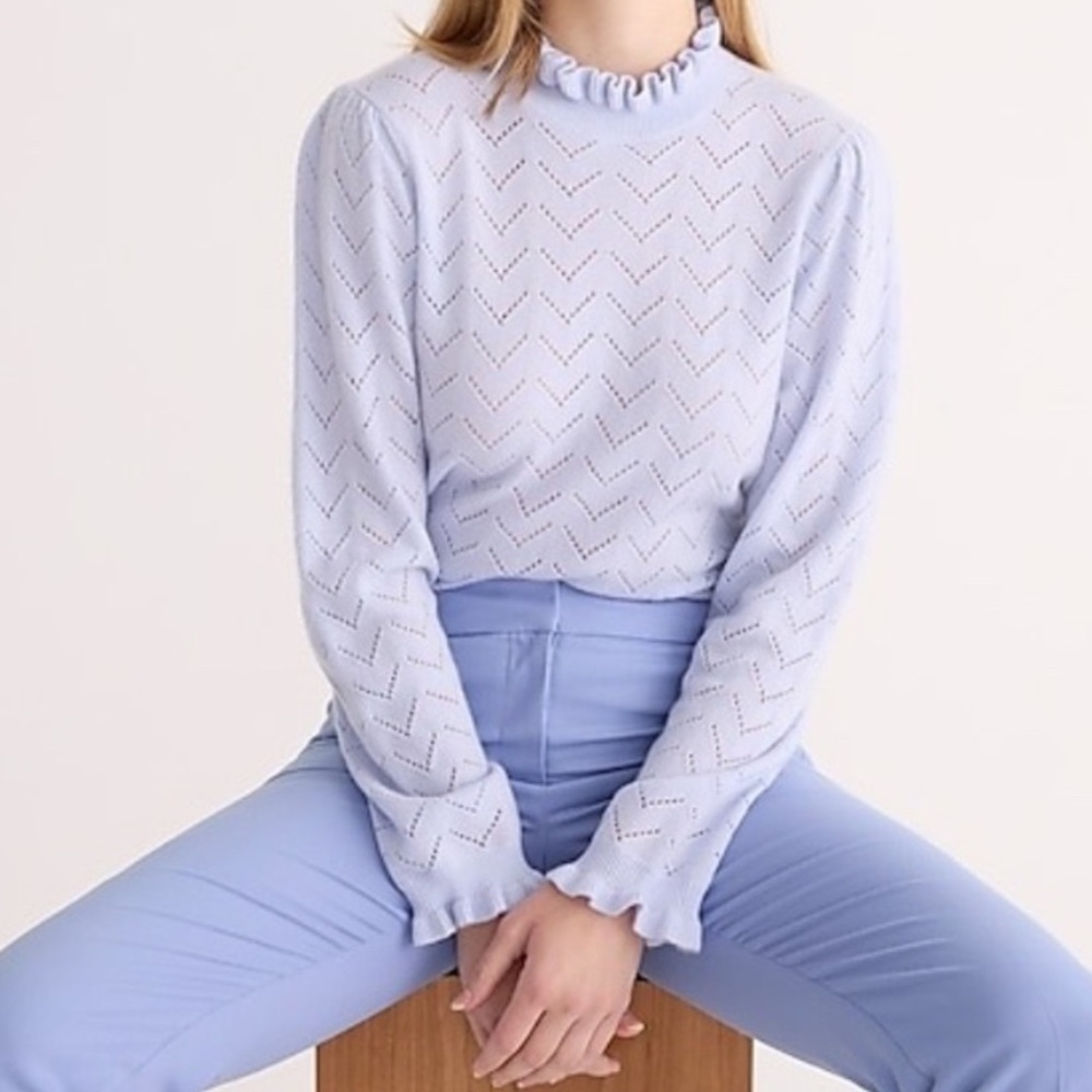 J.Crew Shale Blue Cashmere Pointelle Ruffle Mock Neck Sweater